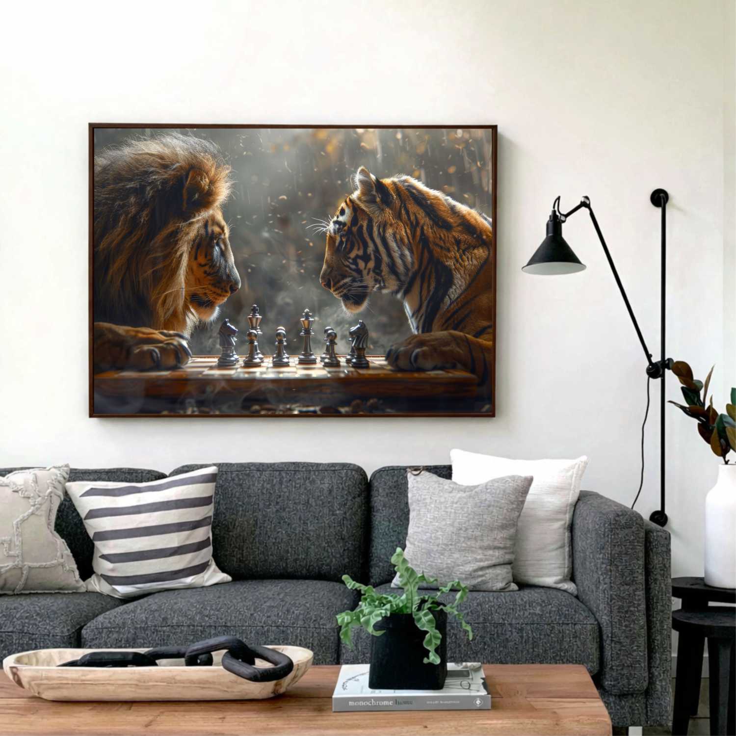 Quadro Decorativo Leão vs Tigre Jogando Xadrez 